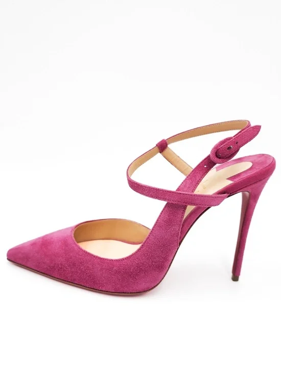 Christian Louboutin Pink Suede Slingback Cross Strap Buckle Pumps Heels EU 38 - Picture 3 of 8